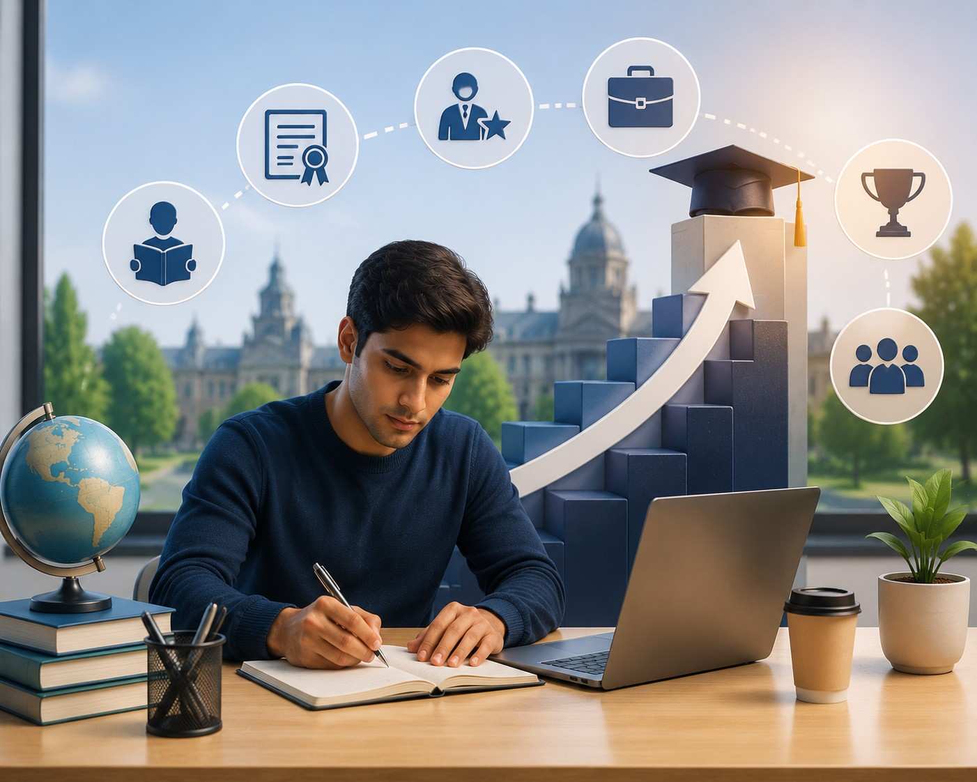 ESCP MiM application profile improvement concept showing a student preparing at a desk with a laptop, books, globe, graduation cap, achievement icons and an upward growth pathway representing academic and career development.